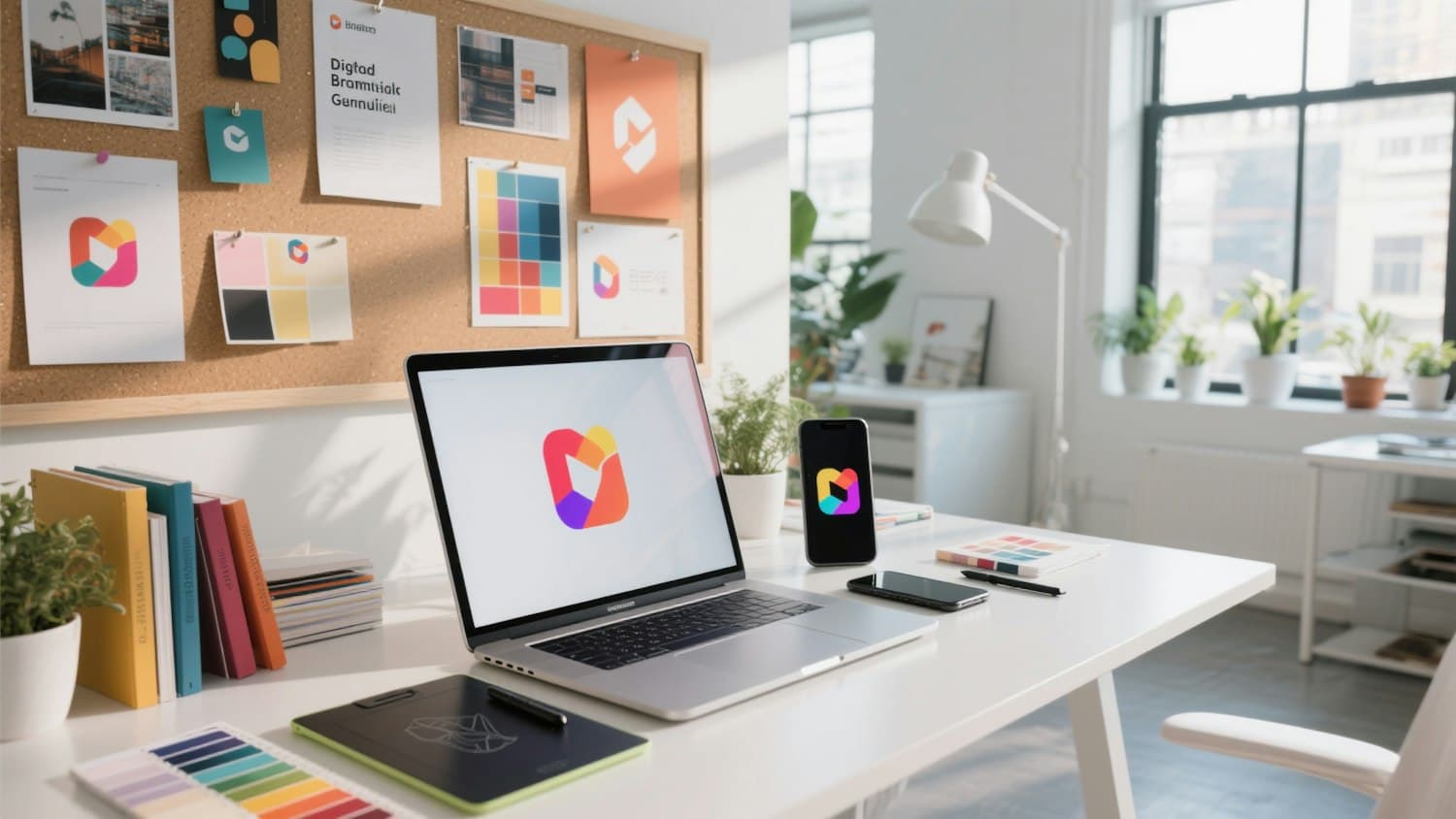 Bright design studio desk with a laptop and phone showing a colorful logo, beneath a moodboard of color swatches and brand sketches
